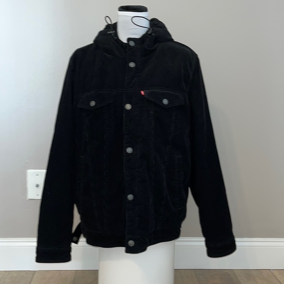 Levi Mens corduroy utility jacket hooded pockets black M